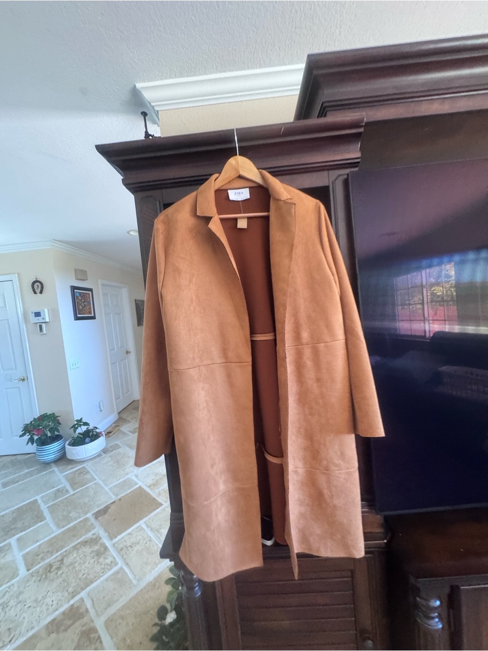 Zara Basic Camel Faux Suede Open Front Long Coat Size Large - Picture 2 of 6